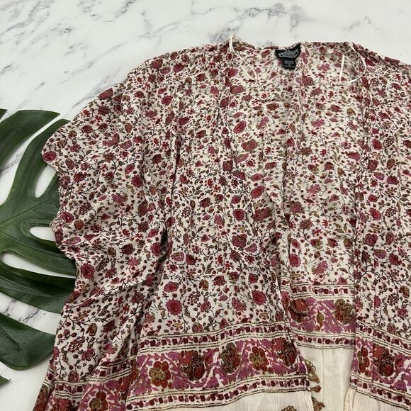 Angie Womens Kimono Cover Up Top Size L Pink White Floral Open Front Boho - Picture 4 of 11